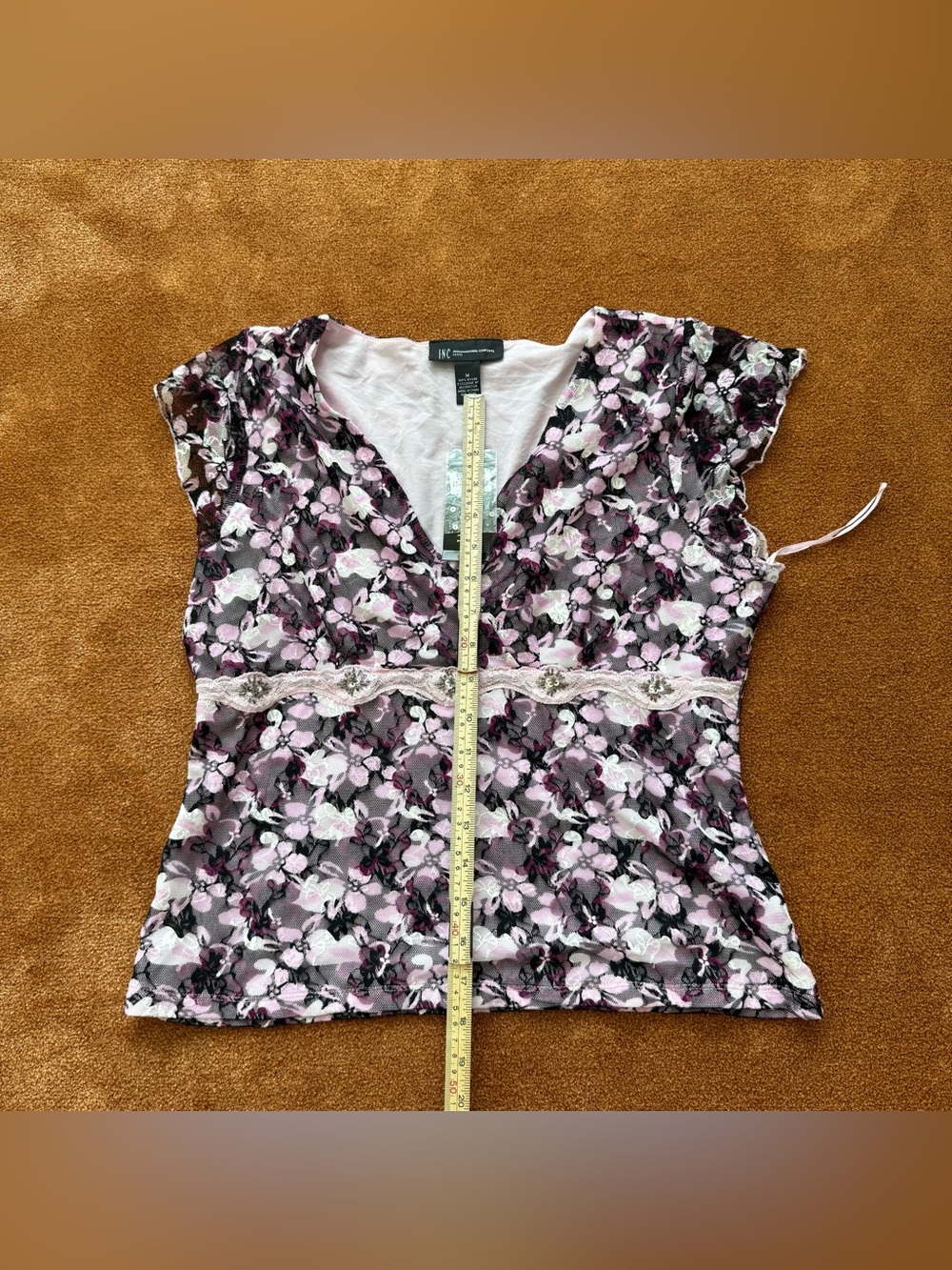 INC International Concepts Pink and Black Floral Lace-Trim V-Neck Blouse